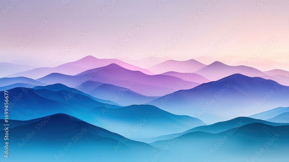 Obraz premium Mountaintop sunset fog concept. Vibrant abstract landscape with layered mountains in shades of blue and purple.