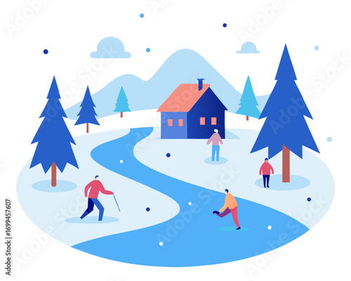 People ice skating on a frozen lake, surrounded by snowy trees vector illustration