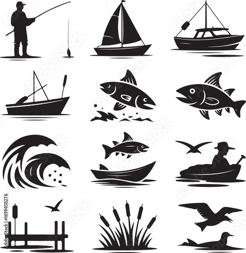 Fishing Boat Sailboat Wave Seagull Reed Icons Silhouette Collection fisherman reel