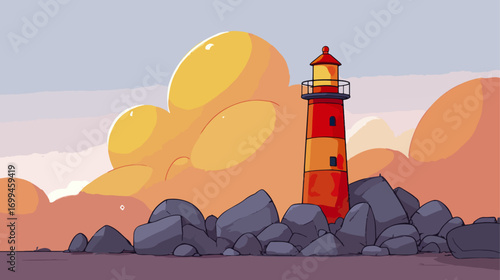 Lighthouse on rocky coastline at sunrise