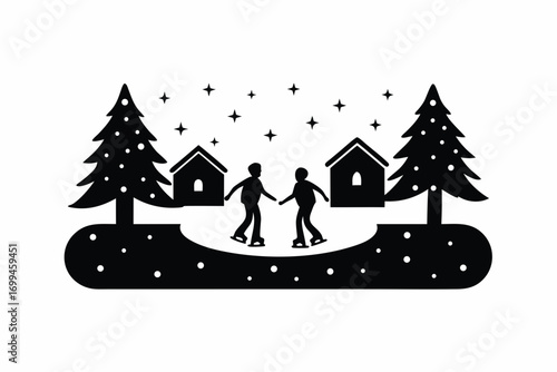 People ice skating on a frozen lake, surrounded by snowy trees silhouette vector illustration