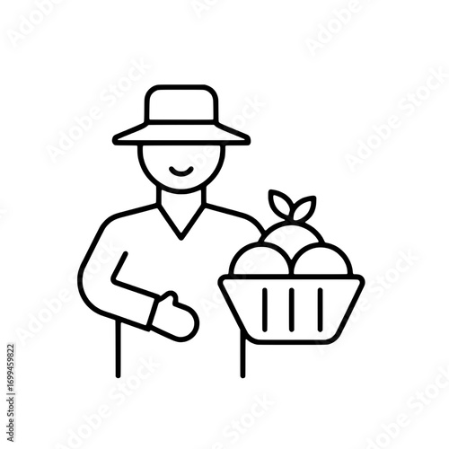 Farmer with a basket of fresh fruit, simple line art icon representing agriculture and local harvest
