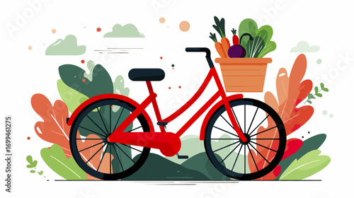 Red bicycle with vegetables in basket