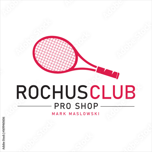 Tennis club logo design, sports pro shop branding, racket icon, athletic club identity, modern vector template, professional sports shop emblem