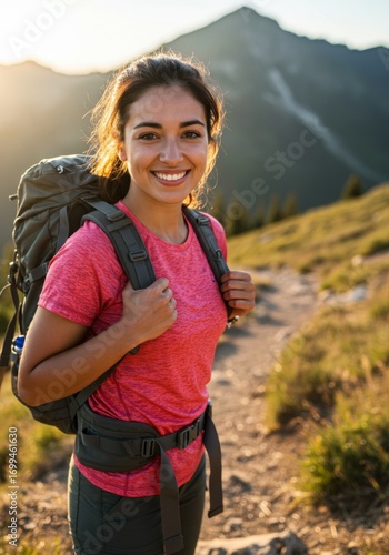 Smiling Woman with Backpack Hiking on Mountain Trail at Sunset