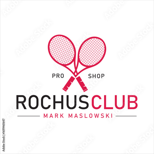 Tennis club pro shop logo design, crossed tennis rackets emblem, sports branding identity, professional athletic club template, vector illustration