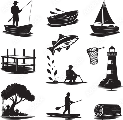 Silhouette Collection Of Nautical And Outdoor Activities And Objects Keywords: fishing, fisherman