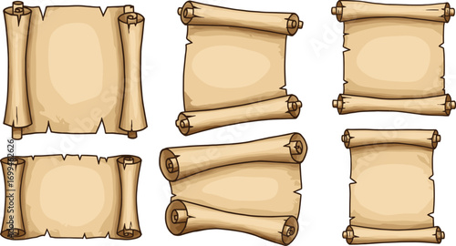 Vintage parchment scrolls collection, old paper backgrounds, antique scroll banners, blank retro scrolls, medieval document textures, historical writing paper