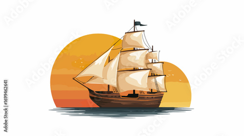 Vintage sailing ship at sunset