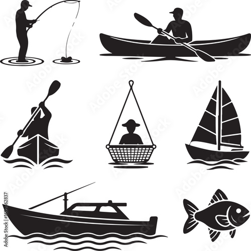Silhouette Collection Of Water Sports And Fishing Activities Keywords: fishing, fisherman, casting