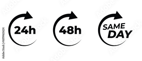 24h 48h Same Day Delivery Icons – Fast Shipping, Express Service Vector Set