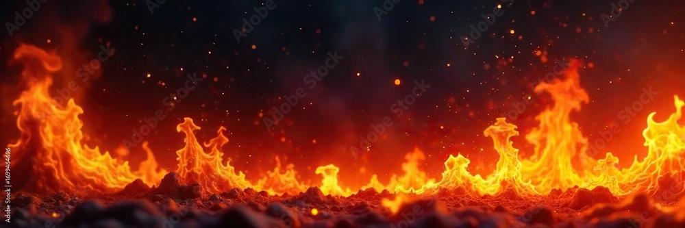 Fototapeta premium Intense, flickering flames against a dark background, creating a dramatic and powerful fiery backdrop Perfect for projects needing a hot, intense, or energetic feel , mysterious, smoke