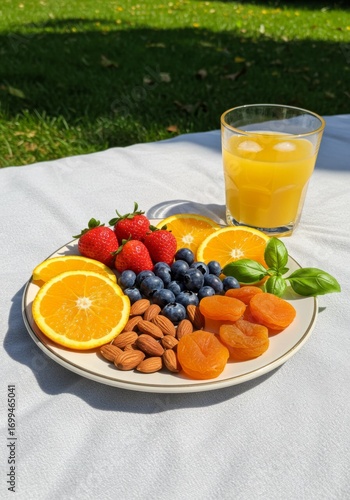 Summer Picnic Plate of Fresh Fruit and Nuts