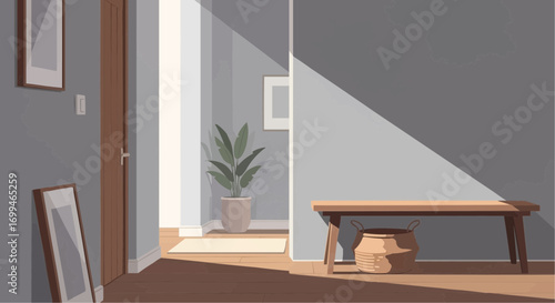 A minimalist indoor hallway with a wooden bench, potted plant, and sunlight casting strong shadows.