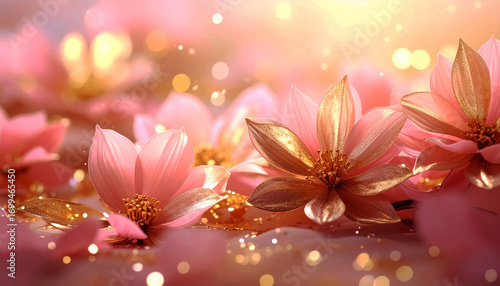 Stunning Pink and Gold Flowers with Glitter and Sunlight Bokeh