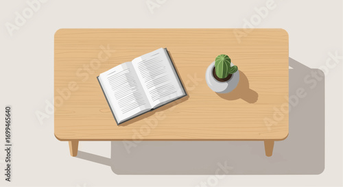 Animated top-down view of a book's pages turning on a wooden table next to a small cactus plant.
