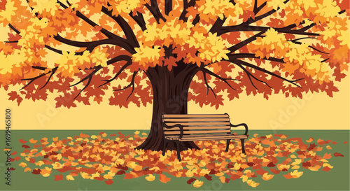 Illustration of a tree with autumn leaves and a bench beneath it.