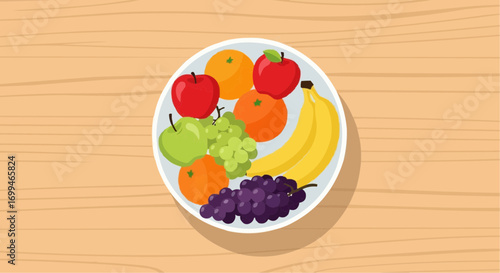 A white plate filled with a colorful assortment of fresh fruits including apples, oranges, bananas, and grapes on a wooden surface.