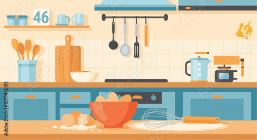 A detailed illustration of a kitchen interior with cooking utensils and ingredients on the counter.