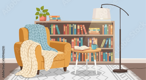 Cozy reading nook with armchair, bookshelf, lamp, and coffee table.