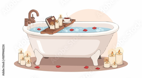 A cozy bathtub filled with water and rose petals, surrounded by lit candles, featuring a wooden tray with a book and a cup of tea.
