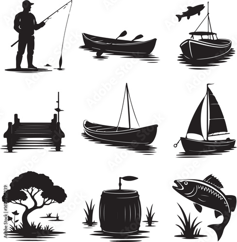 Fishing and Boating Icons Silhouette Collection With Tree And Fish Keywords: fishing, angler, rod