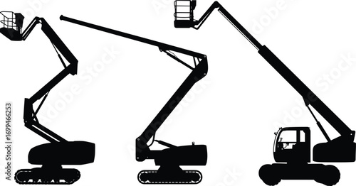 Three boom lifts, cherry pickers, aerial work platforms, construction equipment, industrial machinery, elevated work access, telescopic lifts, articulating lifts, hydraulic lifts, silhouette set