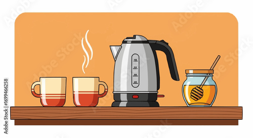 An electric kettle with steam, two mugs, and a jar of honey sit on a wooden shelf, ready for making a hot beverage.