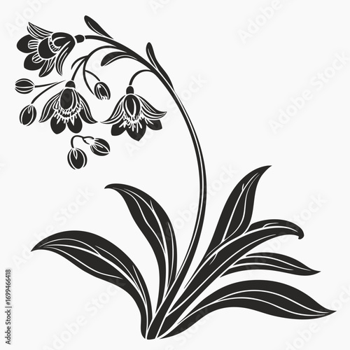 Elegant black and white floral silhouette with bell shaped flowers and leaves