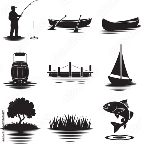 Fishing And Boating Icons Silhouette Collection With Barrel And Grass Keywords: fishing, angler