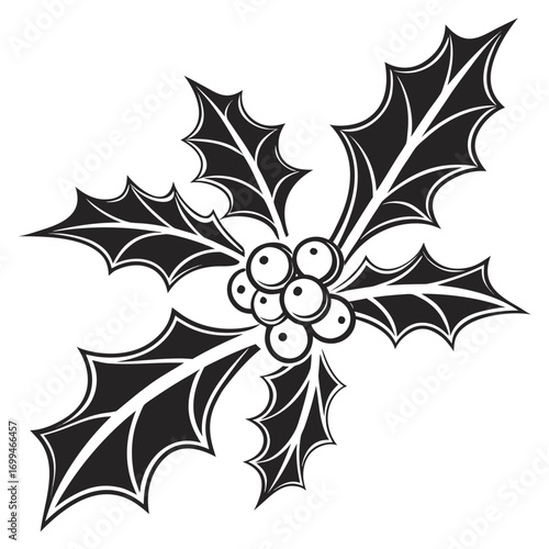 Black and white illustration of a holly sprig with berries