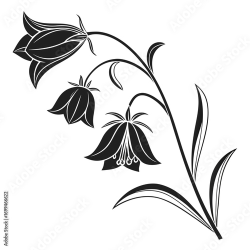 Black silhouette of a flowering branch with bell shaped flowers and leaves