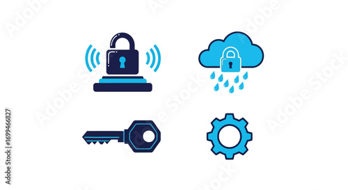 Wallpaper Mural Vector illustration of collection of four security and technology icons featuring a locked padlock with sound waves, a cloud with rain and a padlock, a key, and a gear Torontodigital.ca