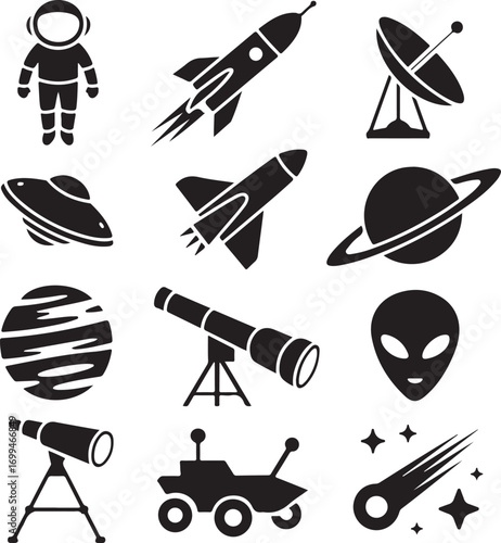 Space exploration and alien encounter icons set Keywords: astronaut, space suit, rocket, spaceship