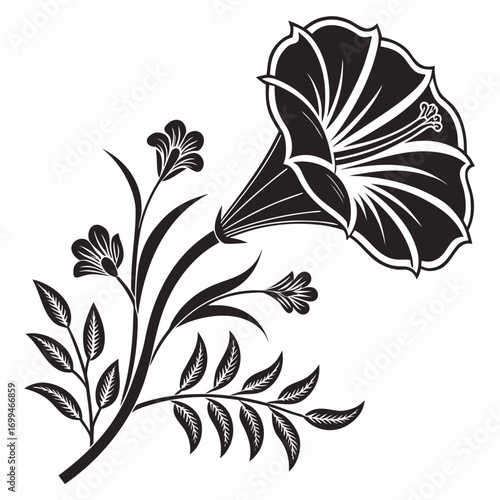 Elegant black and white floral illustration with trumpet flower