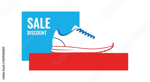 Vector illustration of white sneaker with blue laces on a red platform with a blue sale and discount sign