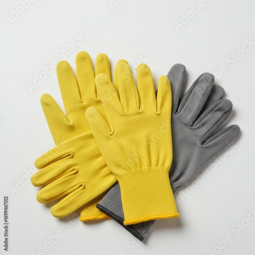 Yellow and Grey Knitted Work Gloves on White Background