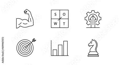 Vector illustration of set of six business strategy icons including a bicep, swot analysis, gears, target, bar chart, and chess piece