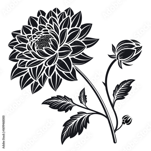Black and white stylized dahlia flower with buds and leaves