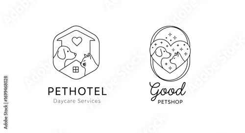 Vector illustration of two cute logos for pet services one for a pet hotel with daycare services and another for a pet shop
