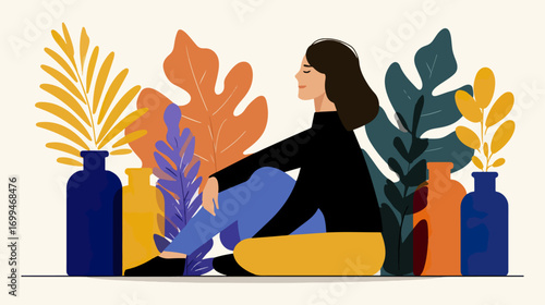 Woman relaxing among plants