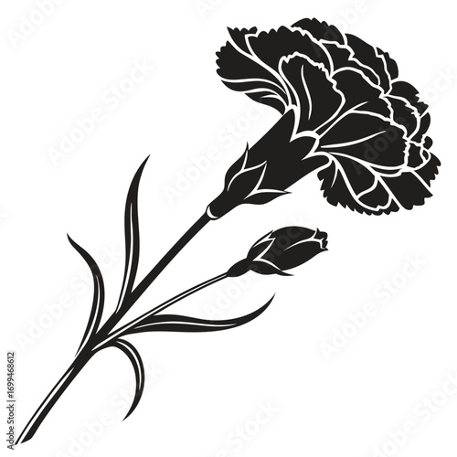 Black silhouette of a carnation flower and bud with leaves