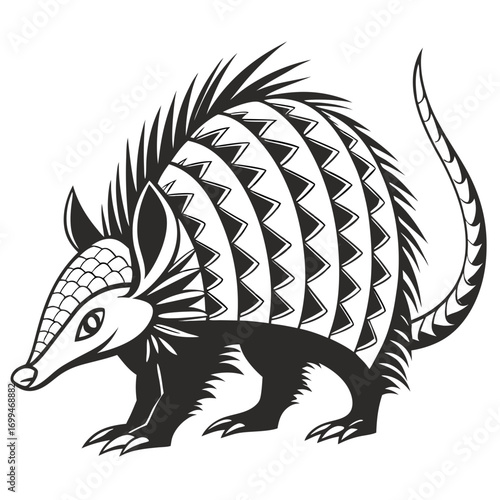 Stylized black and white armadillo illustration with tribal patterns