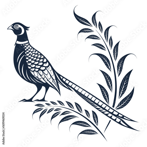 Elegant pheasant bird with decorative foliage silhouette
