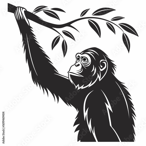 Stylized silhouette of an orangutan hanging from a tree branch