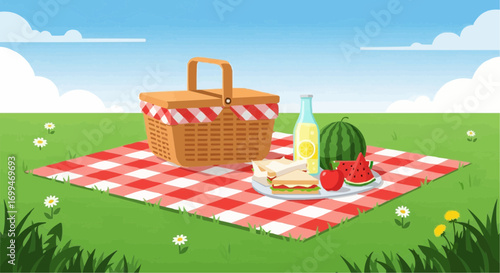A vibrant cartoon illustration of a classic picnic scene set on a green grassy field with a checkered blanket, picnic basket, sandwiches, watermelon, and lemonade under a blue sky.