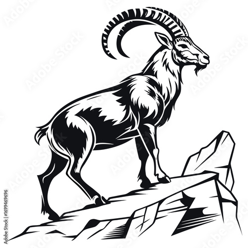 Stylized black and white illustration of an ibex standing on a rocky outcrop