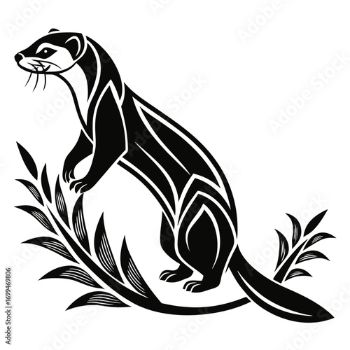 Stylized black and white illustration of a ferret or weasel with tribal markings