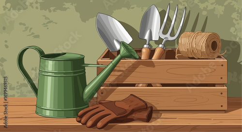 Gardening tools and watering can in a wooden crate on a table.