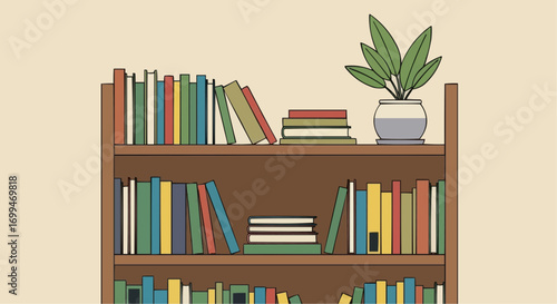 Bookshelf with various books and a potted plant.